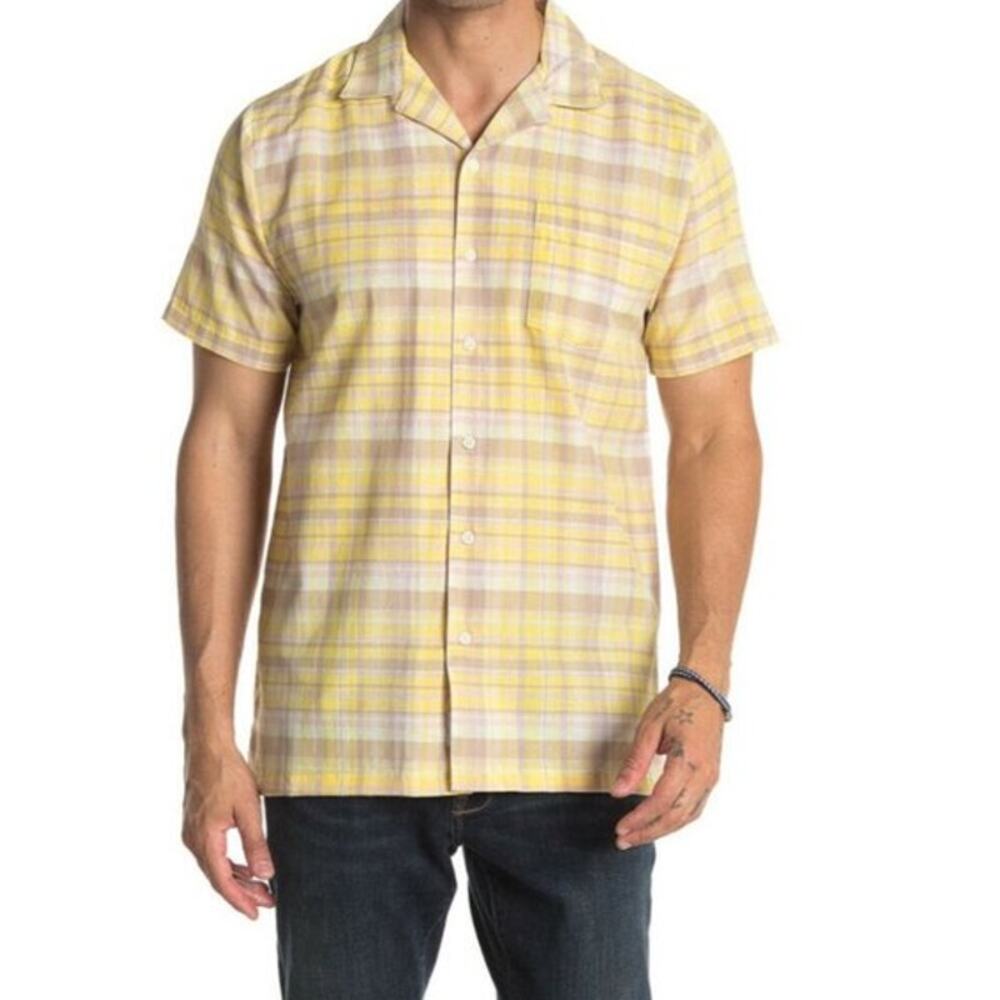 ONIA Vacation Short Sleeve Plaid Regular Fit Shirt Yellow Mens Size Medium
